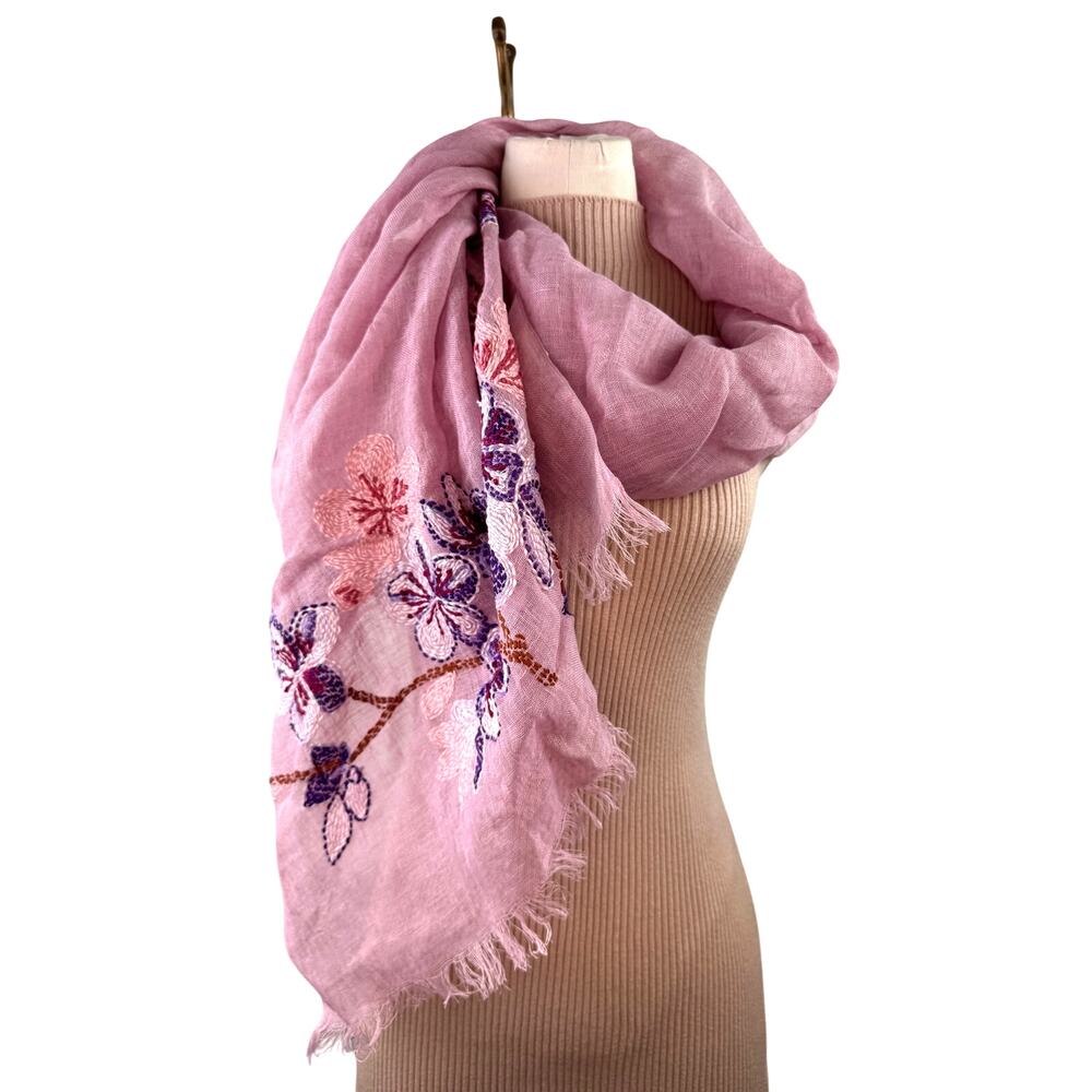 Pink Scarf Linen Embroidered Needle Floral Around Neck Raw Hem Summer Wild Shawl